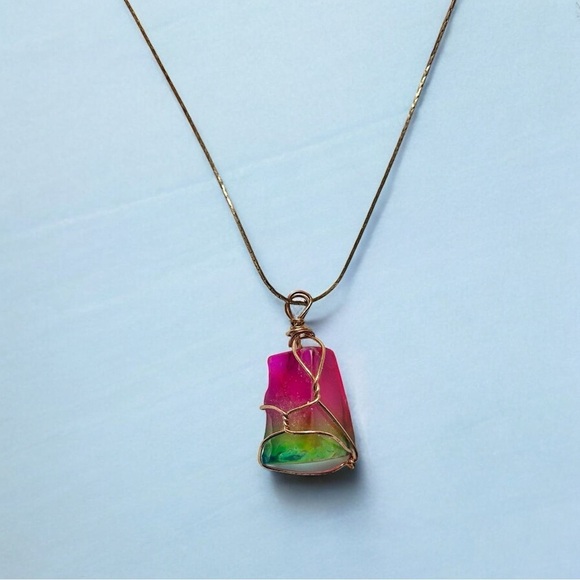 Handmade Jewelry - Handmade Iridescent Rainbow Pendant Gold Tone Chain Necklace Boho Jewelry